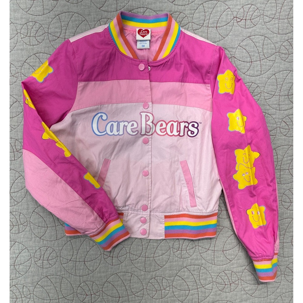 Care Bears Rainbow Pastel Hot Topic Pink Varsity Racing Jacket / Women's Small